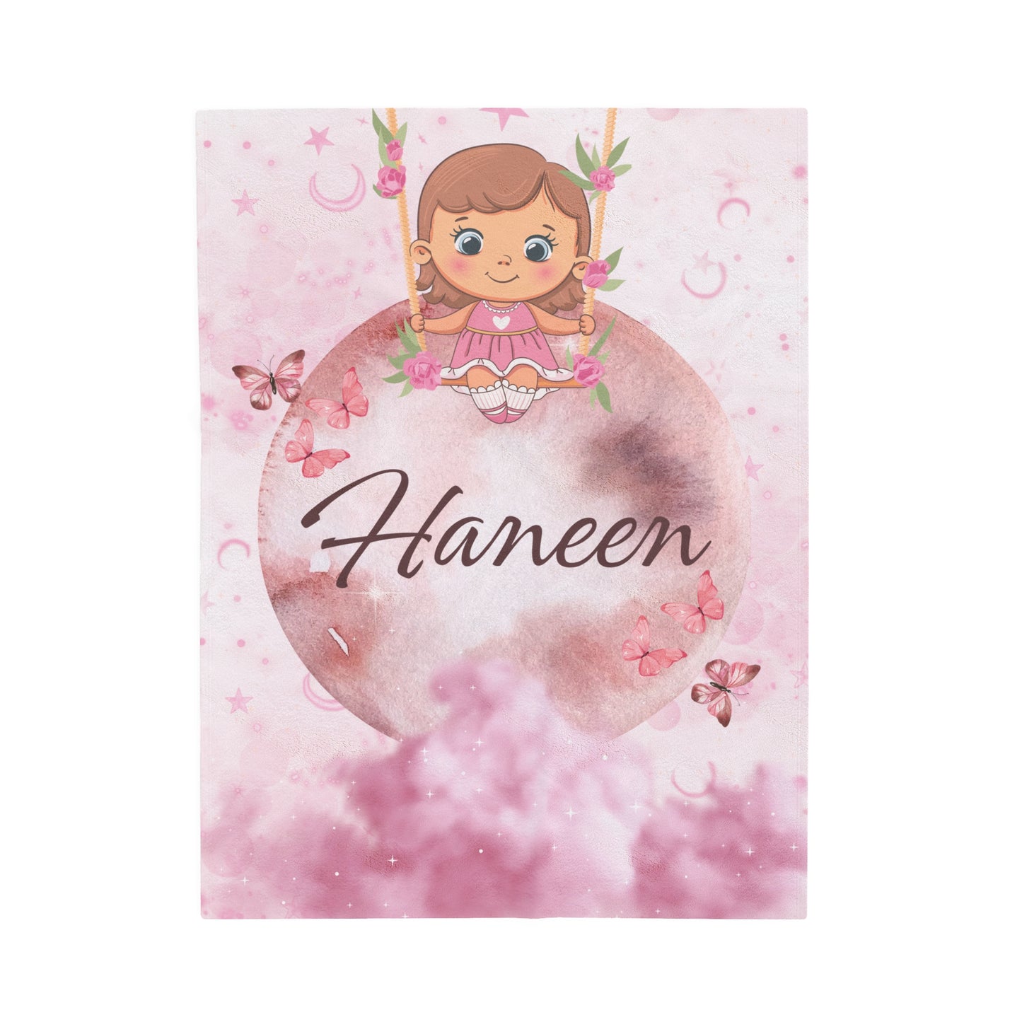 Personalized Name in english Velveteen Plush Blanket | cute girl swing on the moon