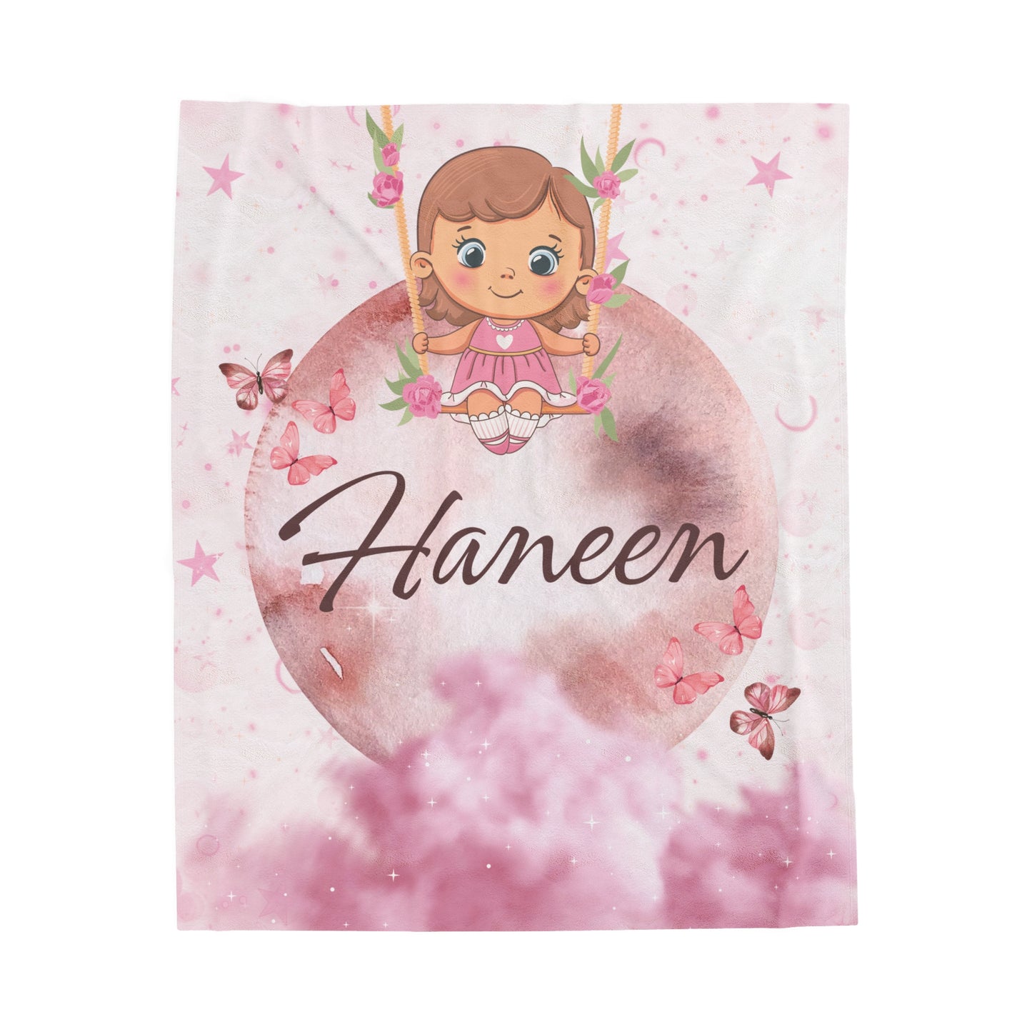 Personalized Name in arabic  Velveteen Plush Blanket | cute girl swing on the moon