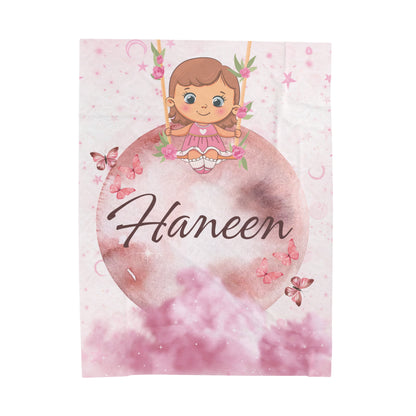 Personalized Name in arabic  Velveteen Plush Blanket | cute girl swing on the moon