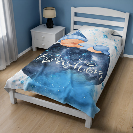 personalized  baby & toddler  boy velveteen  blanket-baby boy slepping on the moon design