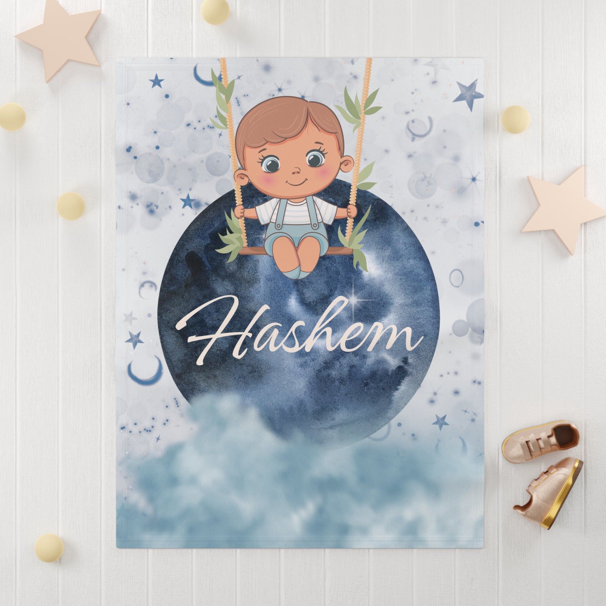 Personalized name in English Soft Fleece Blanket for Baby Boys |Moon Swing Design