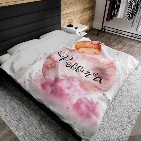 Personalized Sleeping girl on moon Velveteen Plush Blanket - luxuryblueprints -All Over Prints
