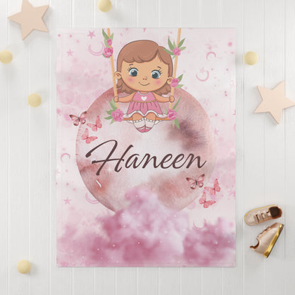 Customized  name  in english Soft Fleece Blanket for Baby Girls |Moon Swing Design