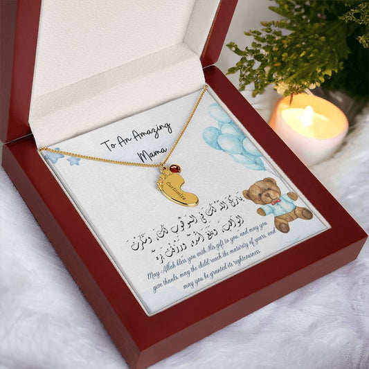 Custom Baby boy Feet gold Necklace with Birthstones and dua card