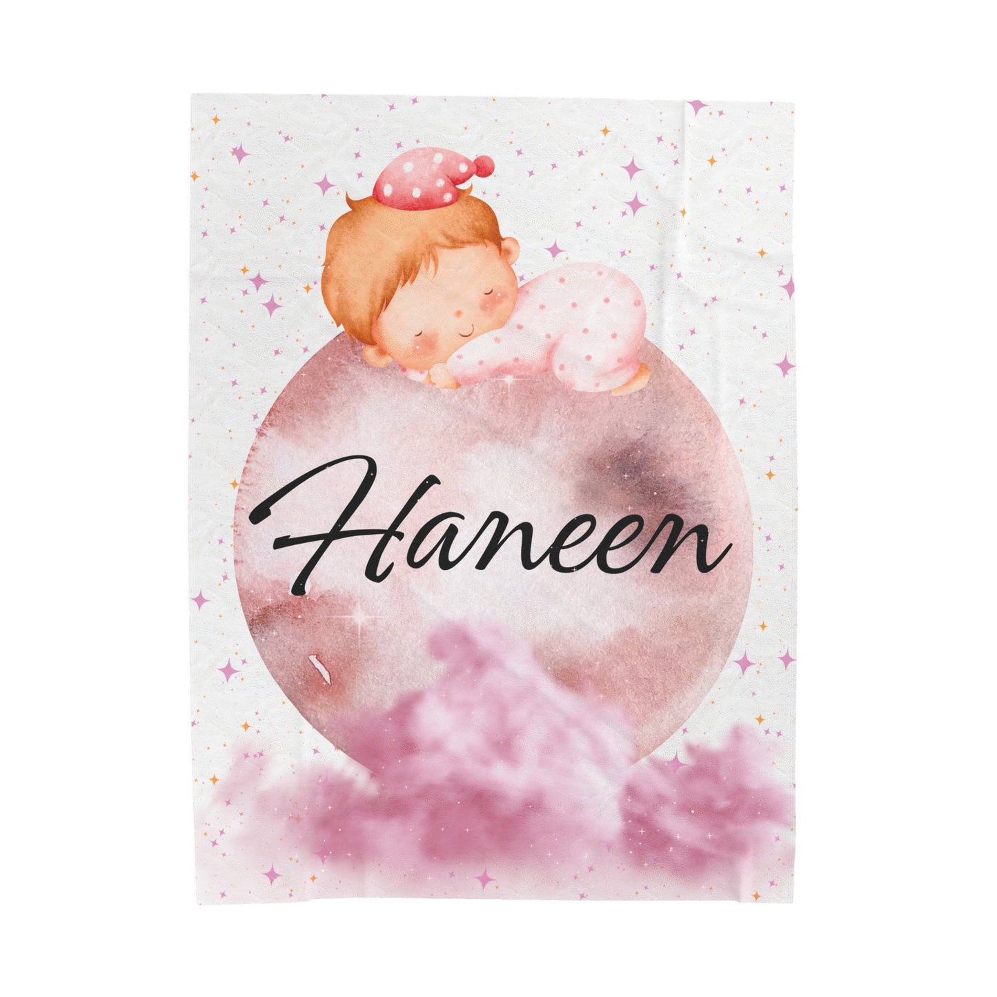 Personalized baby & toddler  girl Velveteen Plush Blanket | Sleeping girl on moon