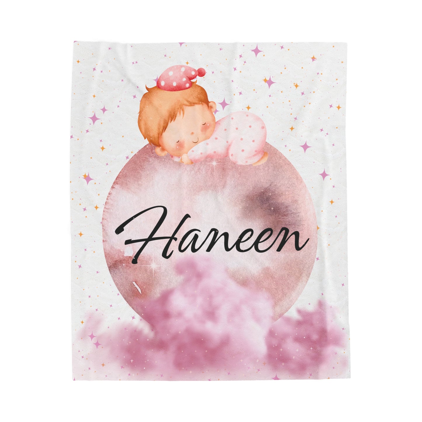 Personalized baby & toddler  girl Velveteen Plush Blanket | Sleeping girl on moon